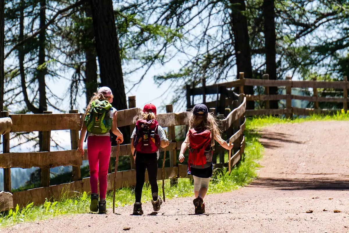 Trei copii cu rucsaci merg pe o potecă de pădure, într-o excursie de familie